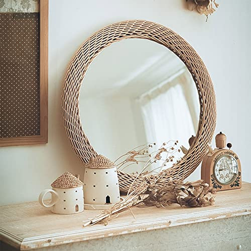 SYCARPET Rattan Makeup Mirror Southeastasiatische Wand Dekorative Spiegel runde Eitelkeitsspiegel für Homestay Hotel Wohnzimmer Eingang