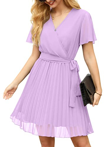 GRECERELLE Womens Summer Casual Wrap Dress Chiffon Cute Pleated Beach Tie Waist Dresses for Women (Light Purple, XL)