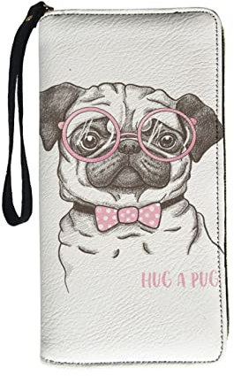 Lang Damen Geldbörse Hund süßer Mops Damen Portemonnaie PU-Leder Damen Portmonee Casual Brieftasche Geldbörse mit Rundum-Reißverschluss Multicolor Einheitsgröße