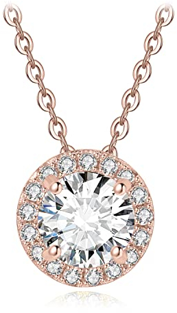 JewelryPalace 1ct Classique Zirconium Pendentif Taille Rond Solitaire Argent Femme Fiançailles, Collier Halo Plaqué Or Rose Chaine Diamant Simulé Mariage 45CM, Ensemble Bijoux Cadeau Anniversaire