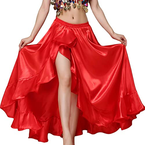 Baisdan Satin Ruffles Swing Skirts Belly Dance Costume Flamenco Side Slit Maxi Full Skirt Dress Slit Red