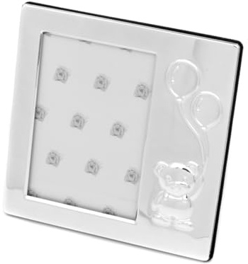 Brillibrum Design Baby Bilderrahmen Fotoformat 8x12 Taufgeschenk Fotorahmen versilbert glänzend Bärchen Motiv Kinder Bilderrahmen (Gravur bis 15 Zeichen)