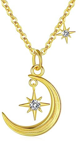 REDSUN Stern und Mond Kette 925 Sterling Silber Gold Halskette Mond Anhänger mit Zirkonia Halskette für Damen Mädchen Kinder,Damen Kette