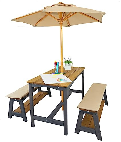 Meppi Kindersitzgruppe Amrum mit Schirm braun/anthranzit aus Holz - Sitzgruppe für Kinder