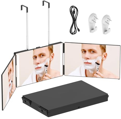 Jacgood 360 Grad Spiegel mit Licht, 3 Wege Spiegel, Klappspiegel Höhenverstellbarer Wiederaufladbarer Kosmetikspiegel Rasierspiegel mit Haken & 5X Vergrößerungsspiegel für Makeup Rasieren Frisieren
