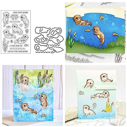 Sredwtk Otter Tiere Stanzschablonen und Stempelset,Stempel und Stanzen Set,Silikonstempel und Stanzen Set,Clear Stamp und Stanzschablone Für DIY Scrapbooking Fotoalbum Dekor Karten
