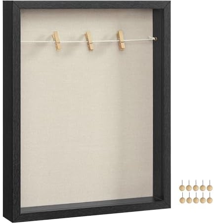 SONGMICS 3D Bilderrahmen zum Befüllen, Fotorahmen mit Schnur, Klammern, Stecknadeln, DIY, Schaumstoffplatte mit Leinenoberfläche, Glas, MDF, 30,4 x 5,5 x 38 cm, Geschenkidee, schwarz RPF009B02