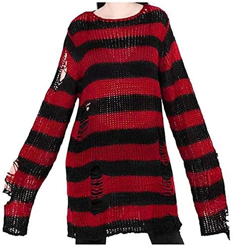 Strickpullover Frauen Punk Gothic Lange Pulli für Frauen Hohlloch Oberteile in kaputten Pulli Damen Strickpullover Knitted Pullover Rundhals Lange Ärmel Winter O Ausschnitt Tops Mode Chic Hohlpullover
