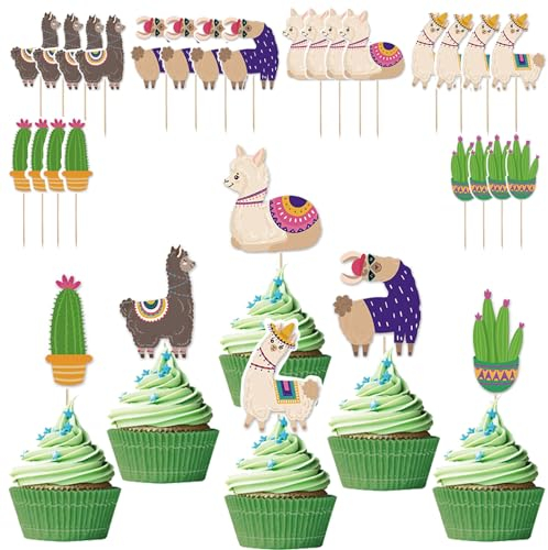 Silars Alpaka Cupcake Topper, 24 Stücke Tortendeko Alpaka Kaktus Deko Geburtstag, Wüste Tortenaufleger für Cupcake DIY Deko für Wald, Tiermotiv, Babyparty, Geburtstag, Party, Tischdekoration