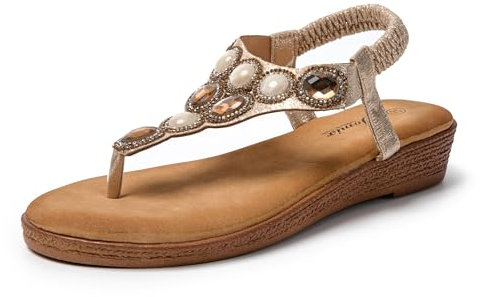 JOMIX Sandales Femme Sandales Compensées Femme Bohême Strass Élastique Réglable pour Marche Maison Piscine Plage (Or, 38)