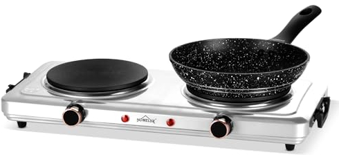 Homelux Kochplatten 2er Elektrisch, 1000W + 1000W Herdplatte 2 Kochfelder, Einzeln Regelbare 5 Heizstufen, Kochfeld für Küche, Büro oder Camping, Silber