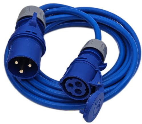 UK Made 32A Plug to 16A Blue CEE Socket Connector. HD 3x4mm2 Hookup Converter Cable 230V IP44 (5 Metres)
