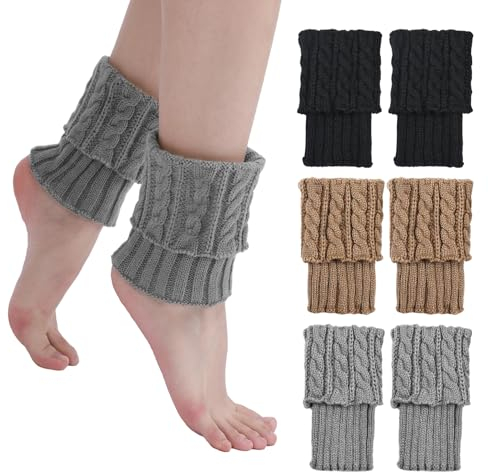 JTMKYO 3 Stück Manschetten-Beinwärmer, gestrickte Knieschützer, kurze Wintersocken, Stiefelüberzüge, Knopfdrehsocken, Thermosocken, geeignet, um die Füße im Winter warm zu halten