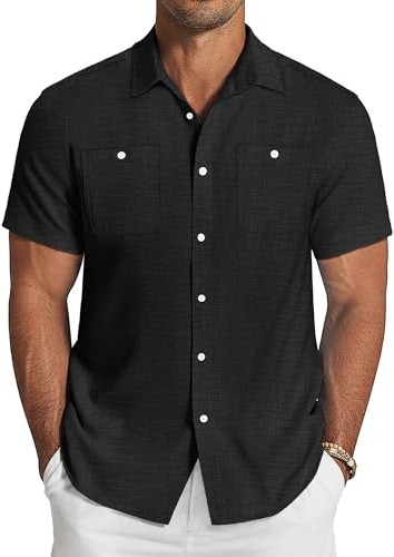 COOFANDY Men's Linen Cotton Short Sleeve Shirts Casual Lightweight Button Down Vacation Beach Summer Tops with Pocket Black L