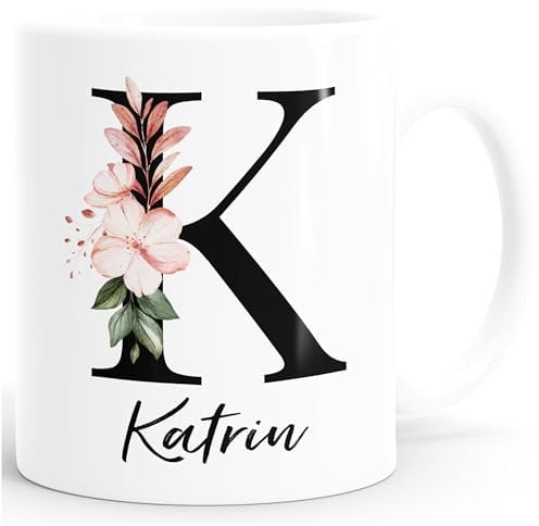 SpecialMeKaffee-Tasse Monogramm Initiale mit Namen personalisiert Blumen Blüten Dekor Floral Buchstabe Weiss standard