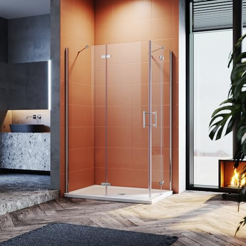 SONNI 80x100x195cm Eckeinstieg Duschkabine-inklusive Dicken 4cm Quadratische Duschtasse und Ablaufgarnitur-6mm Nano Esg-Glas Scharniertür Ohne Rahmen