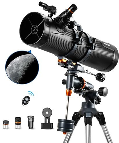 AOMEKIE Télescope pour Adultes Astronomie Ouverture 130mm Télescope Réflecteurs 650mm pour Débutants avec Monture EQ5 2 Oculaires Plossl et Contrôleur Bluetooth Adaptateur de Téléphone et Viseur