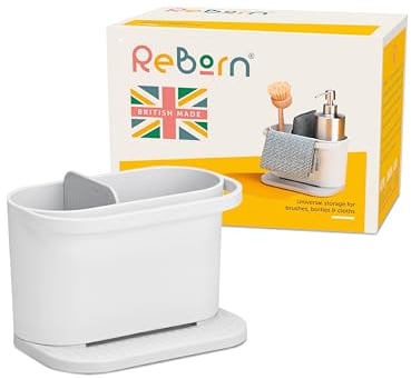 ReBorn - Recycled Sink Tidy - Kitchen Sink Organiser - Two Main Compartments - Integrated Dishcloth Rail - Ribbed, Sloping Base for Draining - Made in Britain (Stone)