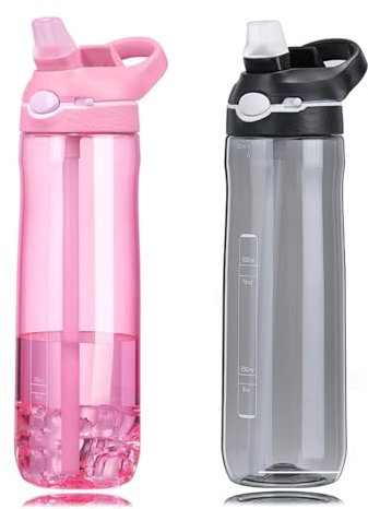DEARART Confezione da 2 bottiglie d'acqua rosa e nero da 680,4 g con cannuccia, ugello nascosto senza BPA, coperchio ribaltabile con manico largo facile da pulire, adatta per ufficio, yoga, sport