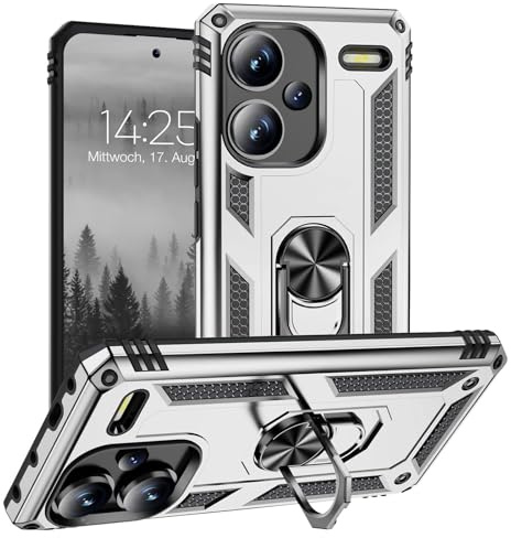 LBH Outdoor Hülle für Xiaomi Redmi Note 13 Pro+ 5G Armor Militär Stoßfest Handyhülle 360 Grad Metal Ring Halter Ständer Schutzhülle für Handyhalterung Auto Magnet Silber