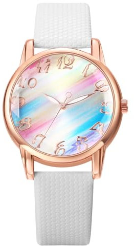 JewelryWe Damenuhr Regenbogen Leder Uhr: Weiß Damen Preppy Boho Analog Quarz Armbanduhr Frauen Lässige Uhr mit PU Lackleder Armband und farbigem Regenbogen Zifferblatt