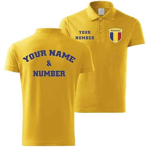 lepni.me Rumänien Fußball-Poloshirt für Herren mit Namen und Nummer | Rumänische Flagge Abzeichen, Personalisiertes Trikot| Europameisterschaft 2024 (S Gelb Mehrfarben)
