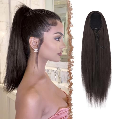 FESHFEN Pferdeschwanz Extensions mit Kordelzug Lang Gerade Zopf Pferdeschwanz Haarteil Glatt Haarverlängerungen Synthetik Drawstring Ponytail Extension für Damen 30 cm Dunkelstes Braun