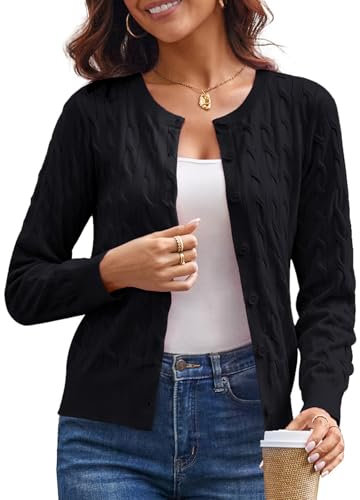 GRACE KARIN Womens Long Sleeve Button Up Cable Knit Cardigan Lightweight 2025 Crewneck Button Down Sweaters for Women, Black, M