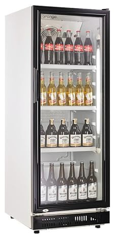 orange . | 230L Profi-Getränkekühlschrank | Umluftkühlung & Glastür | Abschließbar & LED-Beleuchtung | 50cm Breite Freistehend | Weiß-Schwarz Gewerbekühlschrank