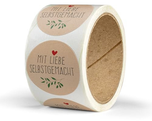 Aufkleber Mit Liebe selbstgemacht – 50 Stück – rund, Ø 4 cm – als Sticker oder Etiketten für Hochzeit, Weihnachten, Einschulung – handmade, Marmeladengläser, Kerzen - Zweig