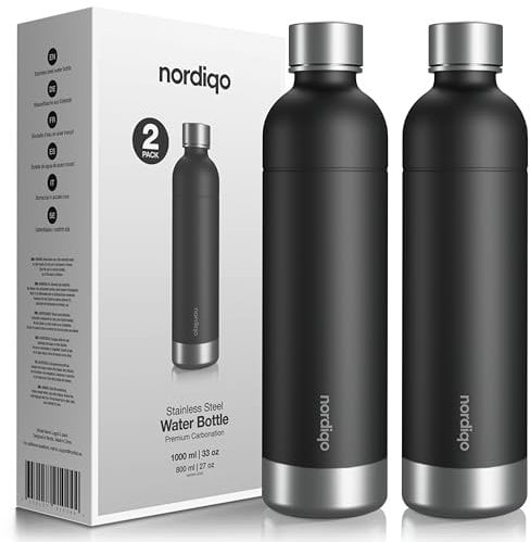 Nordiqo Premium 1L Flasche aus Edelstahl | Kompatibel mit Sodastream, Aarke und vielen weiteren Wassersprudlern | Ohne Ablaufdatum & Plastik | Auslaufsicher | Spülmaschinenfest - 2 X Schwarz