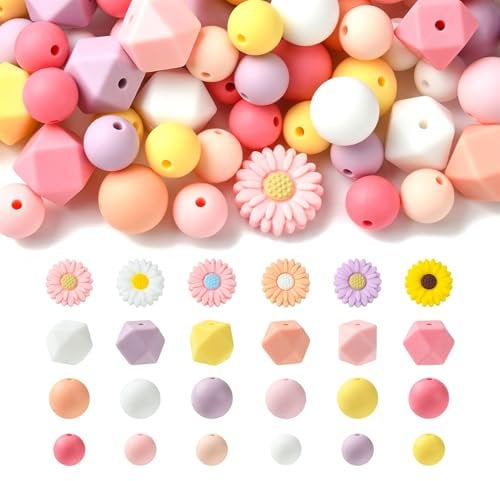 Stiesy 114 Pcs Assorted Shape Silicone Focal Beads Set Daisy Flower Hexagon Silicone Beads 12mm 10mm 15mm Round Spacer Loose Beads Bulk for Keychain Ring Bracelet Necklace Jewellry Making