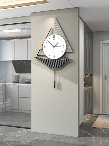 EALLEN Horloge Murale Design Moderne, Style Nordique Simplicité Pendule Murale Cadre en Métal + Cadran en Verre Horloge Silencieuse Geante Créative Art Déco pour Salon Chambre Bureau Etude,40CM