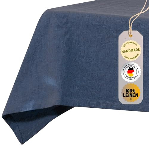 chambry Tischdecke 100% Leinen Stonewashed - Handarbeit Made in Germany - Größe und Farbe wählbar - hochwertige und nachhaltige Tischwäsche aus Naturmaterial - Blau 120cm x 180cm