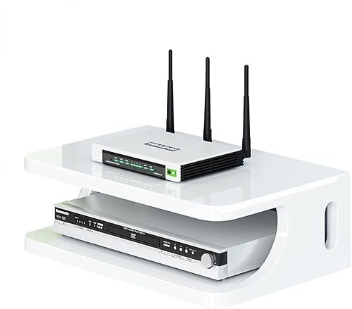 2 Tier Wooden Floating Shelf Wall Mounted WiFi Router Storage Box TV Components Media Console Storage Shelf Floating Shelf Wall Mounted for Cable Boxes/Routers/Remotes/DVD Players/Game Consoles(White)
