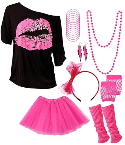 80er Jahre Outfit Damen, 80er Kostüm Accessoires, Partei Fancy Dress Zubehör Set, Beinstulpen Netzhandschuhe Sonnenbrille Spitzenstirnband Mehrfarbige Armbänder Neon Röcke Tüllrock Karneval Bunt