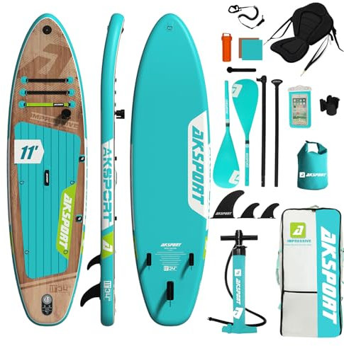 AKSPORT 11' Aufblasbares Stand Up Paddle Board,Aufblasbare SUP Board mit komplettem Zubehör, breites stabiles Design, rutschfestes Deck- 2-in-1 Convertible Paddling Board/Kayak für Paddeln/Fischen