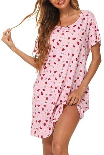 MIA LUCCE Chemise de Nuit Femme Manches Courtes Nuisette Femme Coton Robe de Nuit Col Rond de Nuit Imprimée S-XXXL