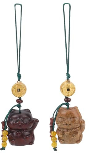 WEBEEDY 2 porte Clés de Chat Chanceux Fait à la Main en Bois de Santal Vert Sculpté à la Main Maneki Neko Chat Porte Bonheur Japonais Pendentif pour Porte Clés de Voiture Lanière 8.5cm