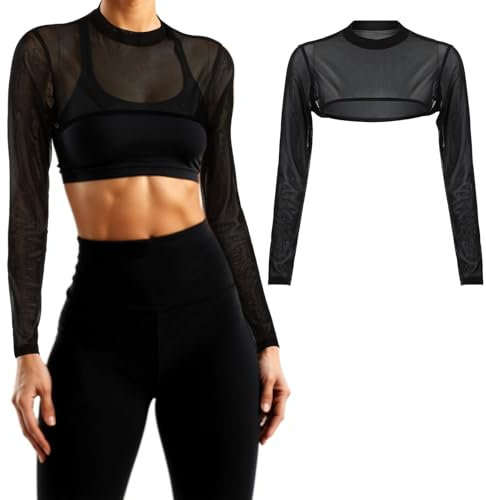 Grevosea Mesh Crop Top Long Sleeve Mesh Bolero Sheer Arm Sleeves for Women See Through Bolero Shrug Shoulder Cover for Dress (L)