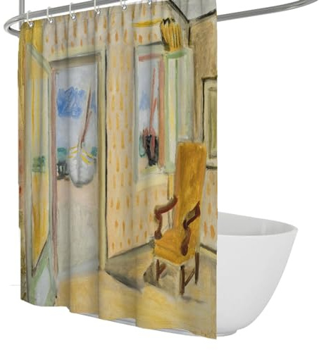 MOKOSAISE Fauvismo Obra de Arte Intérieur Porte Ouverte Cortina de Ducha Tela Silla Amarilla Vibrante Paisaje Interior y Exterior Camper Cortinas de Ducha W180xL200cm