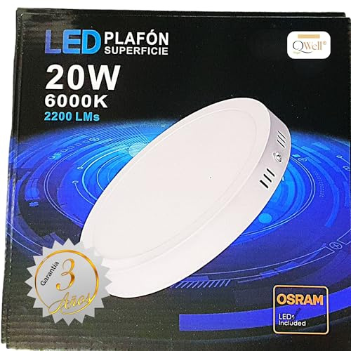 QWell® - Plafón LED Redondo 20W - Equiv. 120/150W | 22 x 28 mm. | 2200 LM 6000K | Ahorro Energético Hasta un 87% | Vida útil 30,000 Hrs | Driver Incluido