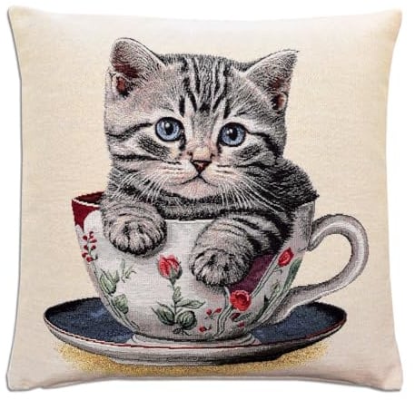 Gobelin-Kissenhülle Kätzchen in der Tasse 45 x 45 cm Zierkissen mit Tier-Motiv - Kissenbezug Katze in Teetasse mit Rosen - Kissen mit Reißverschluss Dekokissen auf Wunsch mit Feder-Dauneninlett