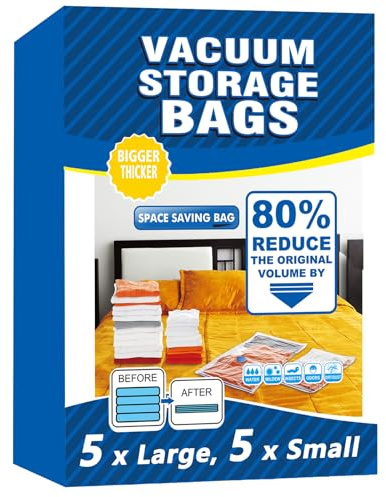 Vacuum Storage Bags - (5 x Large, 5 x Small) Space Saver Sealer Compression Bags, Reusable Vacuum Bags for Storage Clothes, Bedding, Pillows, Travel