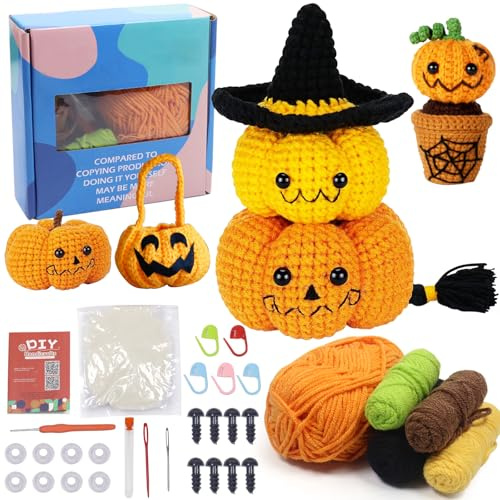JOKILY Häkelset für Anfänger, Crochet Set, Halloween Kürbis Häkelnadel Set, Häkel-Starterset, Süßigkeitentasche Häkelset DIY Geschenk für Anfänger Tutorial Anleitung Erwachsene Kinder Handarbeiten