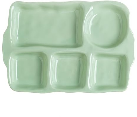 Ceramic Divided Plate, Green 5 Compartment Rectangular Dinner Plate, Precise Portion Control, Dalanced Nutrition, Oven and Microwave Safe, Suitable for All Occasions