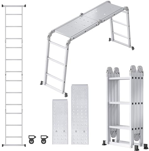 FIVMEN - Scala multiuso 6 in 1 telescopica in alluminio, con 2 piastre ponteggio e 2 rulli, scala pieghevole per uso domestico, 4x5