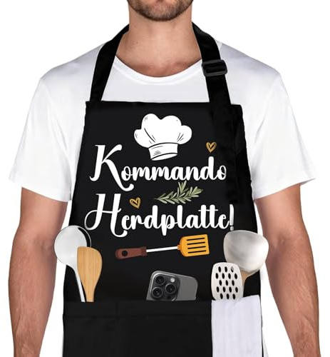 Belillpipi Kochschürze Männer Damen Schwarz, Verstellbare Kochschürze Damen mit 3 Taschen, Grillschürze Geschenke Schürze für Frauen Mann Geburtstag, Muttertag, Vatertag, Weihnachten