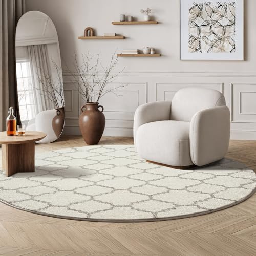 SANAT Boho Teppich – Moderner Teppich im Boho Stil, Geeignet für Wohnzimmer, Schlafzimmer, Flur, Esszimmer und Kinderzimmer – Skandi Creme, Größe: 150 cm Rund