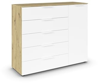 Rauch Möbel Flipp, Kommode, Farbe Weiß/Eiche Artisan, Breite 120 cm | Sideboard, 1-türig, 5 Schubladen, Soft-Close-Funktion, für Schlafzimmer, Gästezimmer, Wohnzimmer, Garderobe, Flur